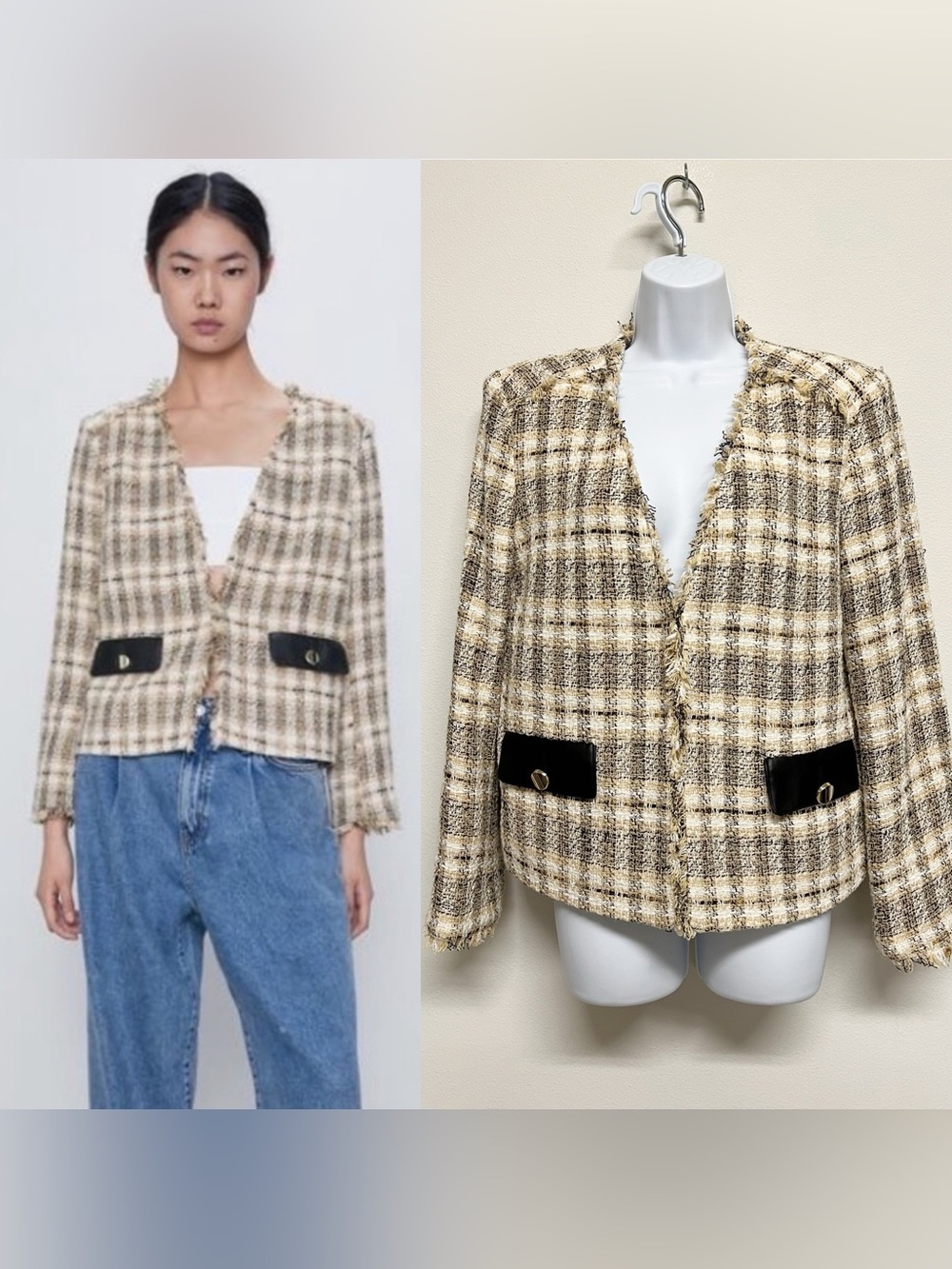 Zara Womens Chic Metallic Beige Plaid Boxy Frayed Neckline Tweed Jacket Size L
